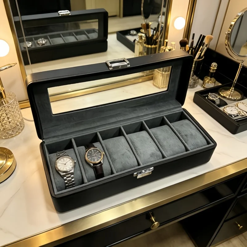Luxury 6 Slot Leather Watch Box with Lock, 3Pcs Premium Watch Display Organizer + Bracelet Jewelry Box Set for Men