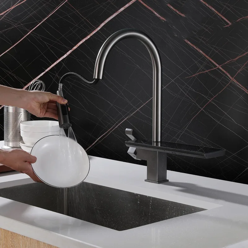 Modern Kitchen Pull Out Sink Faucet Deck Mounted 4 Function Vessel Sink Faucet Single Hole Cold and Hot Mixer Tap Gray