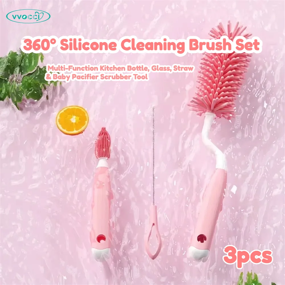 vvocci 360° Silicone Cleaning Brush Set – Multi-Function Kitchen Bottle, Glass, Straw & Baby Pacifier Scrubber Tool