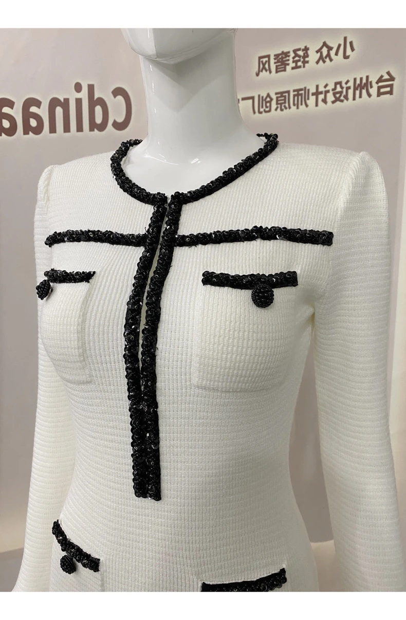 Autumn Long Sleeve Short White Knitted Dress Women Black Tassel Beading Fishtail Mermaid Pencil Prom Evening Party Dresses