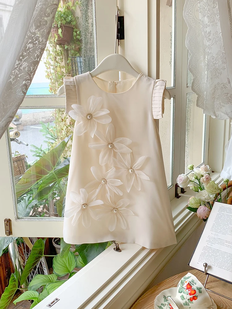 Vestido Floral de Verão para Meninas, Vestido Estilo Coreano, Roupa Infantil com Manga Curta e Saia A-Line para Crianças