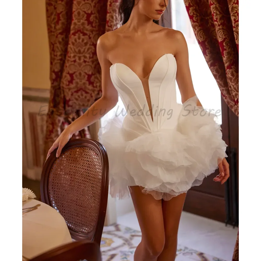 White Strapless Short Wedding Dress with Deep V Corset Bodice & Tiered Tulle Skirt Bridal Mini Gown