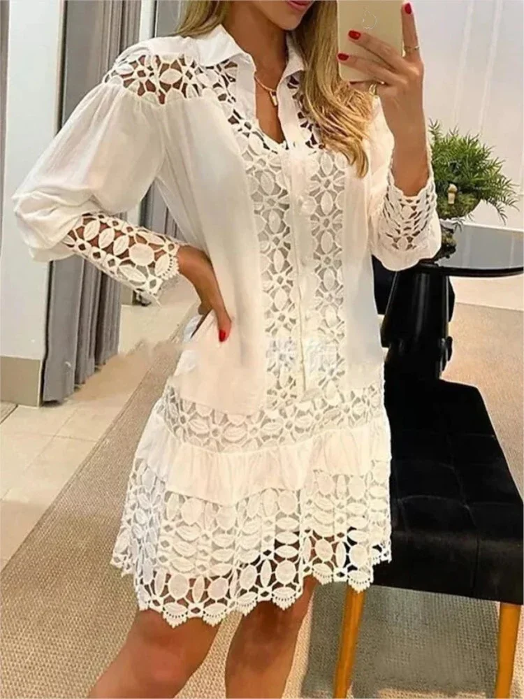 Mulheres rendas costura sexy oco para fora e vestido transparente não forrado elegante escritório primavera casual manga longa camisa branca vestido