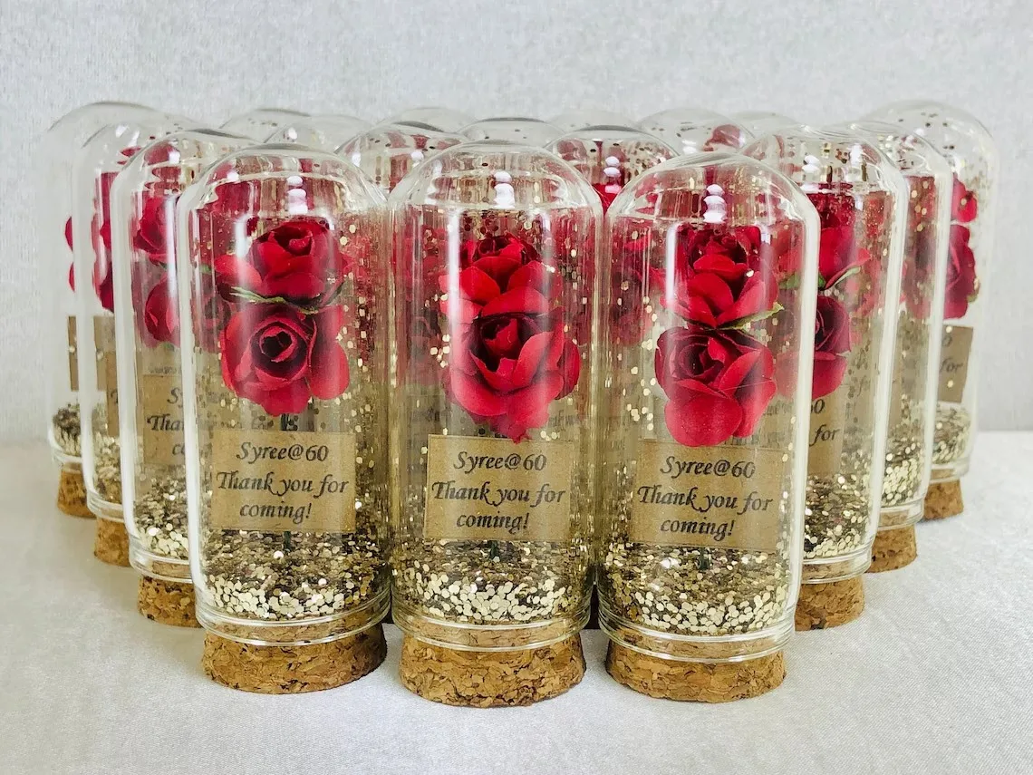 Wonderful customizable rose in glass gold glitter wedding guest gifts,Wholesale baby birthday baptism party favors,Guest thank y