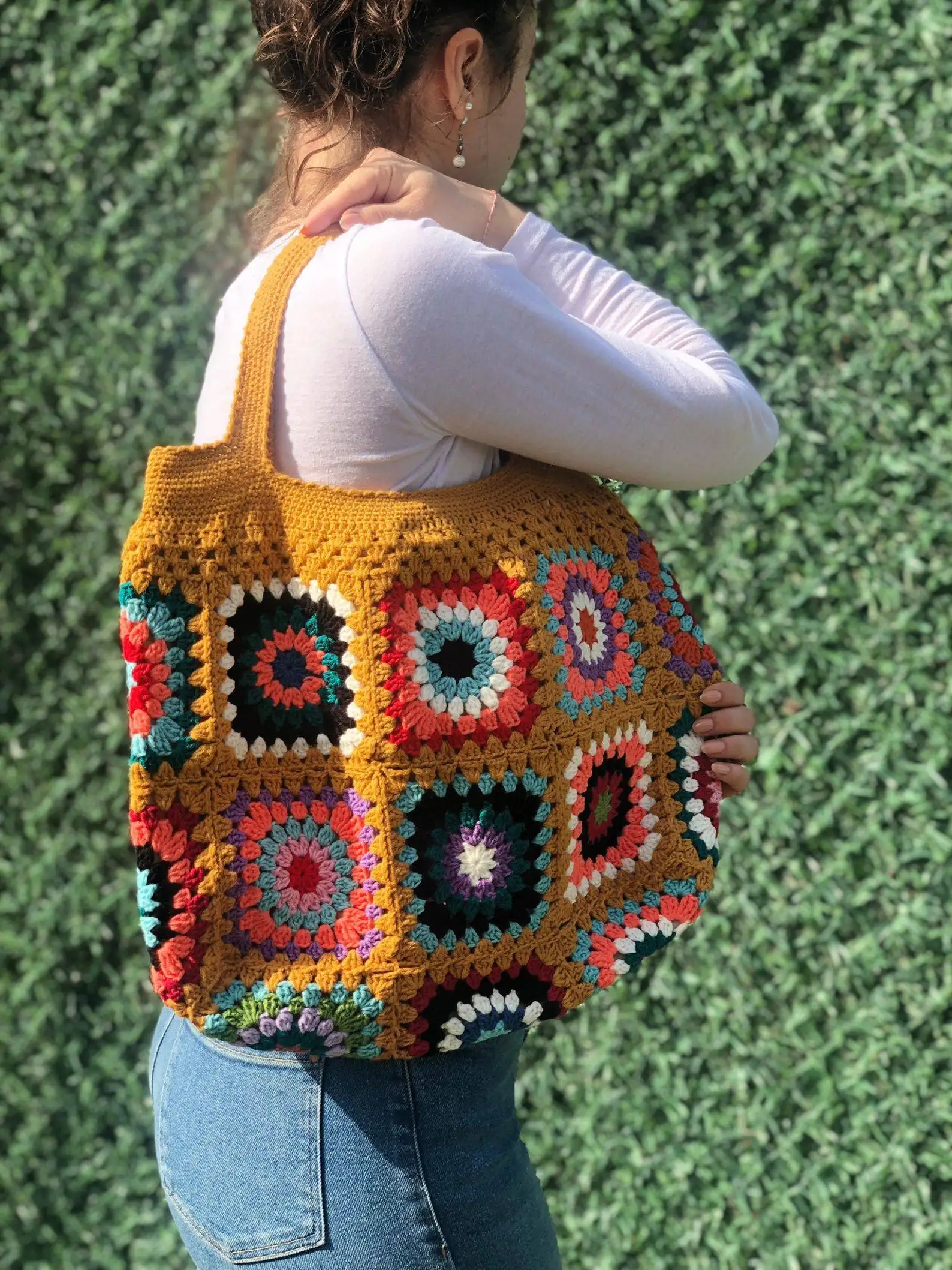 Black Granny Square Bag Women Colorful Cute Purse Checkered Crochet Shoulder Bags With Boho Style Yellow Black Handbags