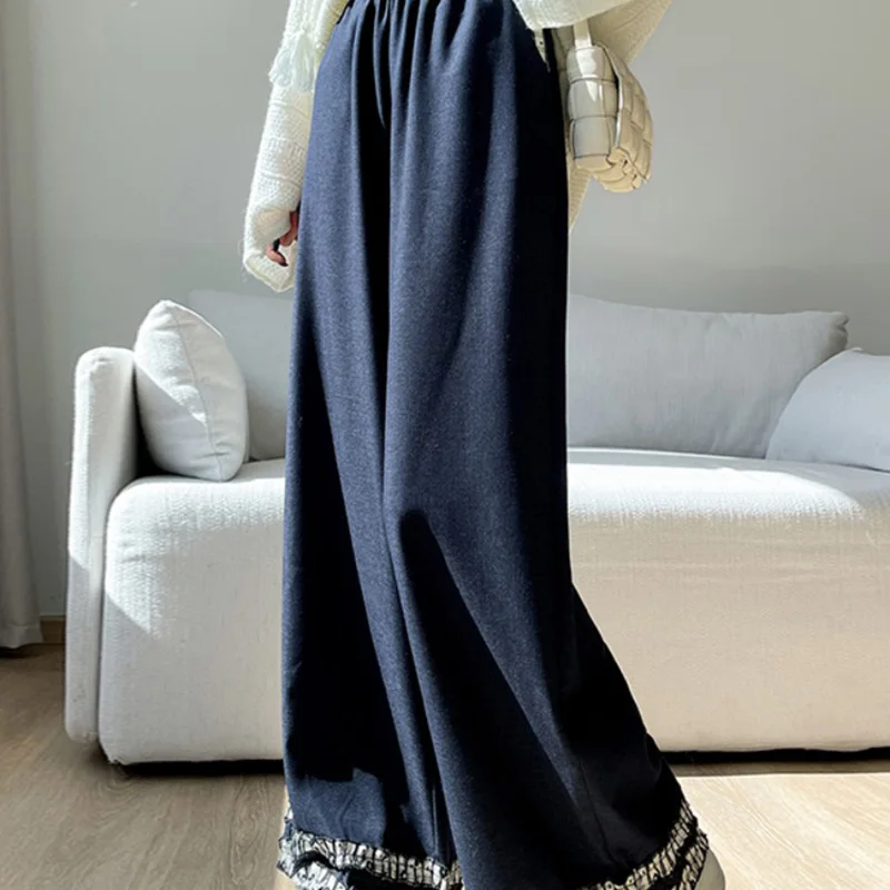 Celana Jeans Wanita Model Spliced Lembut, Fashion Musim Gugur, Pinggiran Jamur Hitam, Pinggang Elastis, Kaki Lurus, Celana Denim Wanita, Cocok untuk Semua Gaya, Celana Panjang