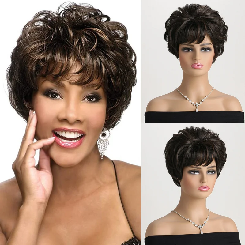 

European and American New Wig Hot Women's Fashion Fluffy Side Bangs Black Brown Pick Color Short Curly Hair Head Cover