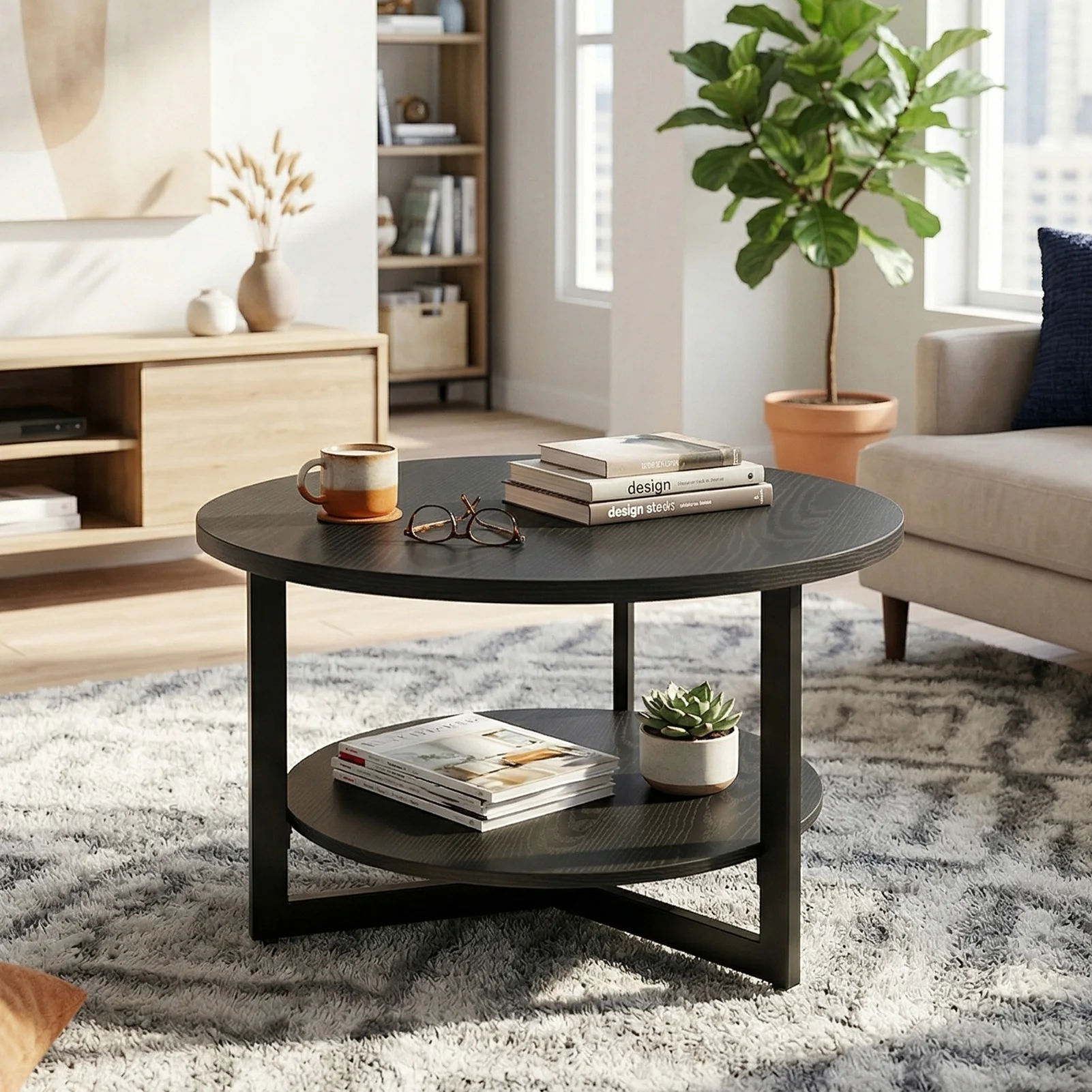 31.5inch 2 Tier Wood Coffee Table Coffee Table Industrial Modern 2 Tier Round Wood Center Table for Home Living Room