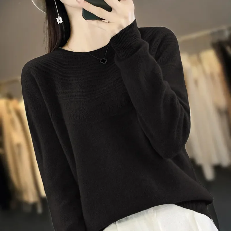 100% Merino Wool Knitted Sweater Autumn/Winter 2025 New Women's Round Neck Hollow Top Pullover Versatile Coat
