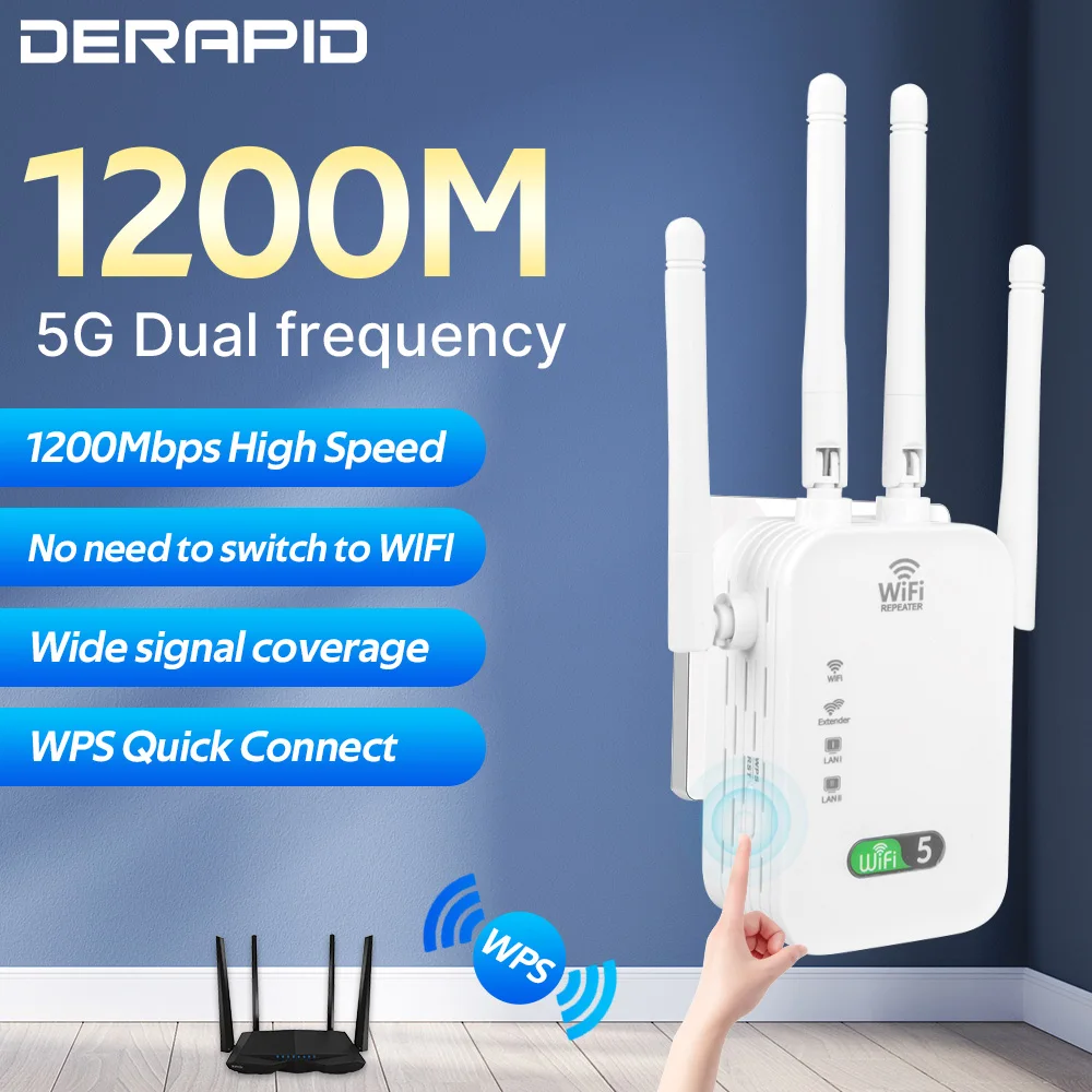 WiFi Repeater 1200Mbps Wireless Amplifier Dual Band 2.4G 5GHz Network Long Range Signal Booster For Home Office Wi-Fi Booster