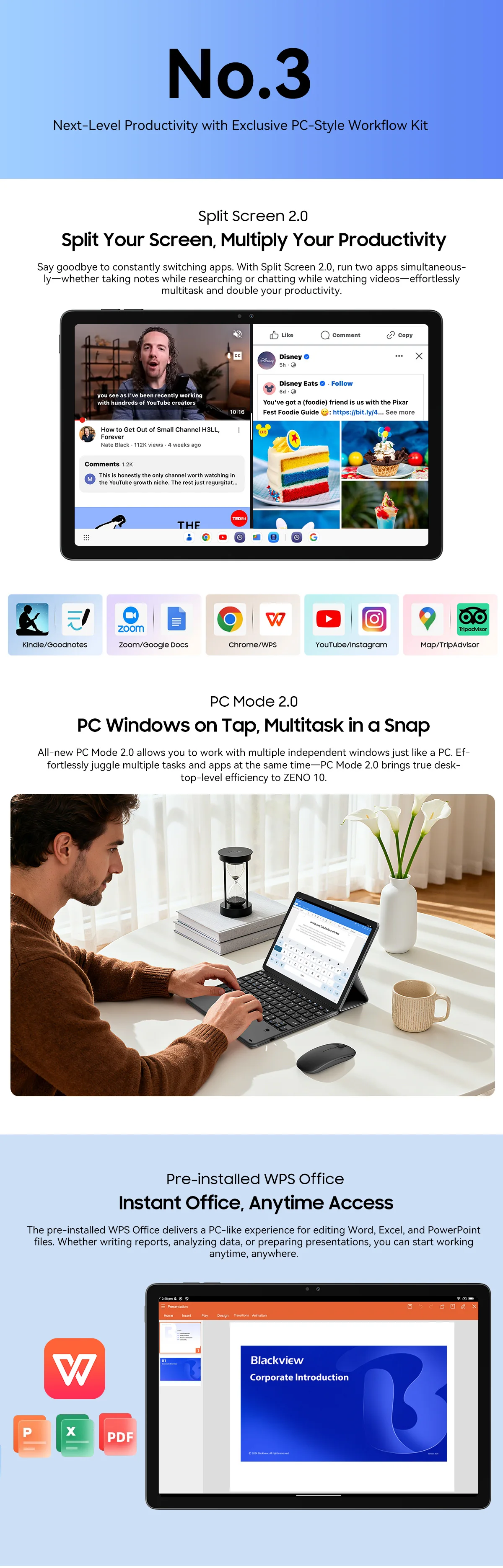 Blackview ZENO 10 Tablet PC 5G AI Android 15 T8200 Octa Core 11' FHD+ IPS 90Hz Display Smart Tablets Pad PC With Bluetooth