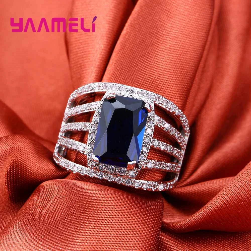 Top Selling Charming Shiny Blue Lucky Crystal Stone Ring Banquet Woman Jewelry 925 Sterling Silver For Wedding Prom