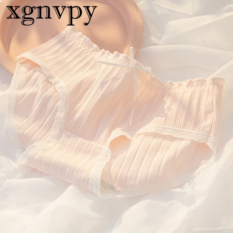 xgnvpy Women\'s Cotton Underwear Lovely Girl Bow Mid Waist Sexy Lace Panties Seamless Comfort Briefs Female Lingerie