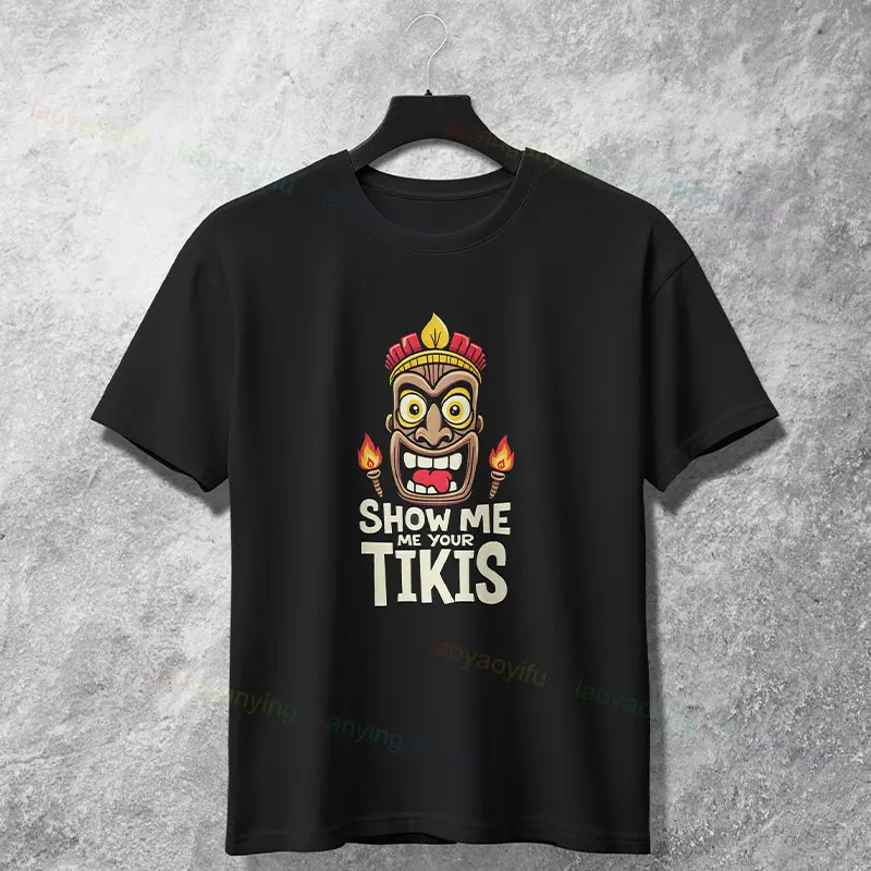 メンズ面白いハワイティキトーテムアートグラフィック Tシャツレトロコナアロハシャツサーフィン用綿 100% 半袖 Balck カジュアル Tシャツ