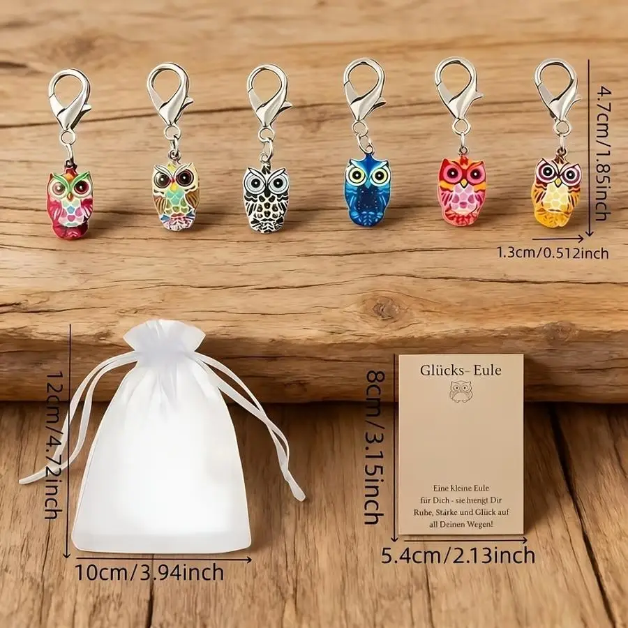 1/5/10/20/50/100pcs Colorful Owl Keychain Set, Includes 6 Keychains/6 Lucky Owl Greeting Cards/6 Mesh Bags, Suitable for Decorat view 5