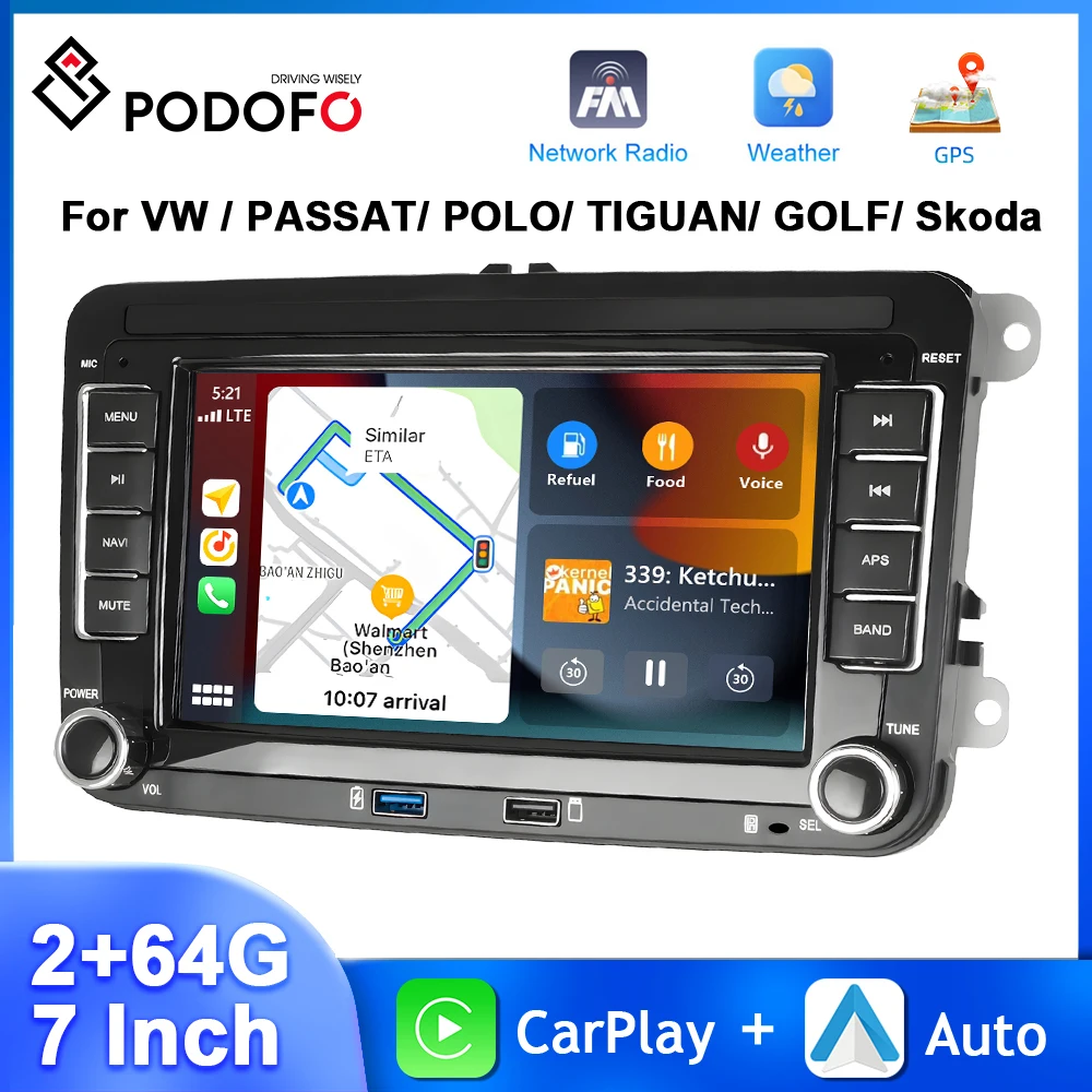 

Podofo 7inch Android Car Stereo For VW/PASSAT/GOLF/POLO/TIGUAN Multimedia Player Carplay Android Auto GPS Navigation WIFI FM/RDS