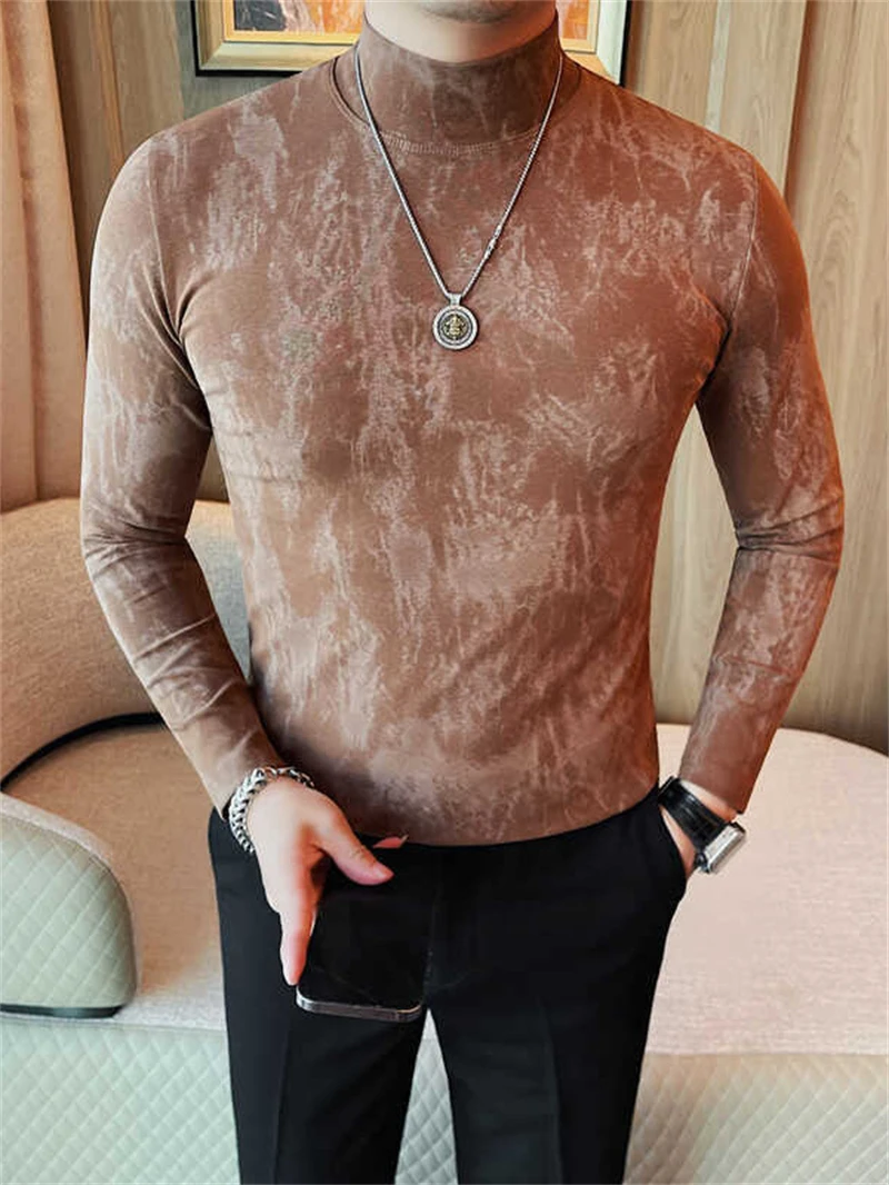 Half High Neck Long Sleeved T-shirt Men's Autumn Winter Korean Version Slim Fit Trend Base Shirt Casual Social Tee Tops