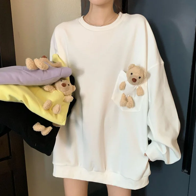 

2025 Autumn New Women Harajuku Kawaii Hoodie Soft Pullover Sweatshirt with Pocket Plush Bear Solid Outwear Oversize Casual Hoody