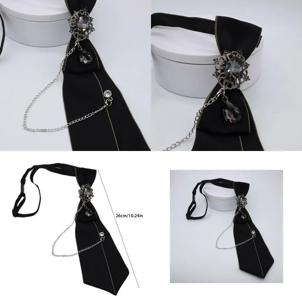 

652F Women Men Pre-Tied Necktie Metal Chain Rhinestones School Uniform Neck Tie