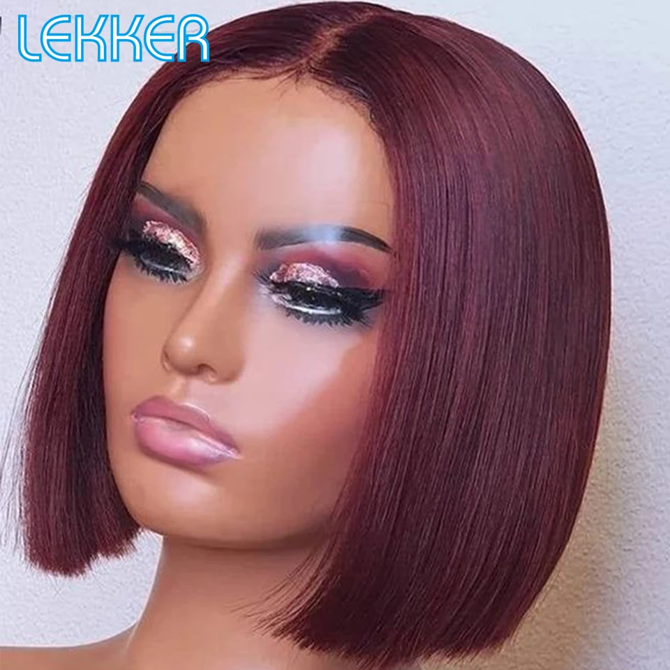 Lekker Short Straight Bob 13x1 T Lace Front 100% Human Hair Wigs For Women Brazilian Remy Hair 99j Burgundy Red Colored Bob Wigs