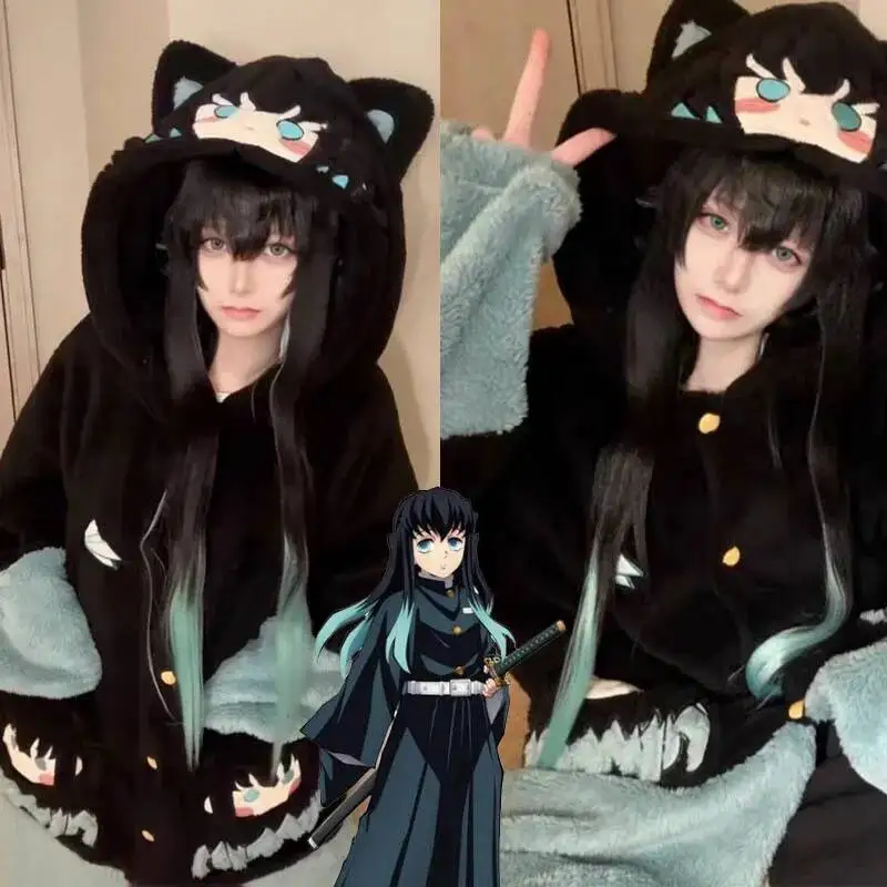 

New Tokitou Muichiro Winter Pajama Anime Peripherals Demon Slayer Soft Plush Jumpsuit Kawaii Cosplay Nightwear Girls Gift