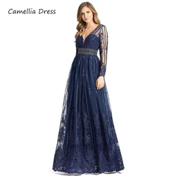 Glittering A-Line Evening Dresses Deep V Neck Party Dresses Formal Dresses Sheer Long Sleeves Vestidos De Fiesta فساتين السهرة