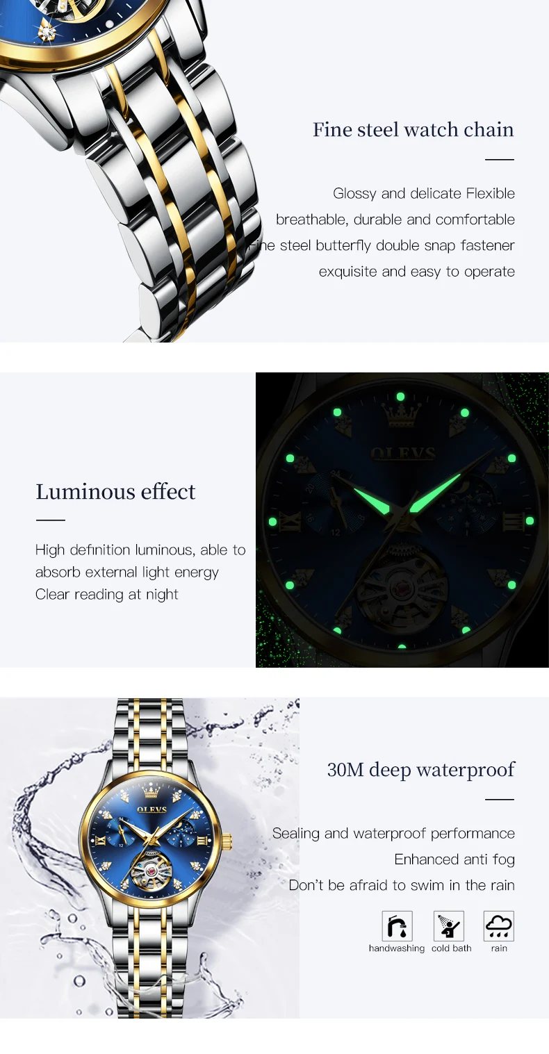 OLEVS Automatic Watch for Women Waterproof Luminous Skeleton Original Automatic Mechanical Elegant Women\'s Watches Set Gidt