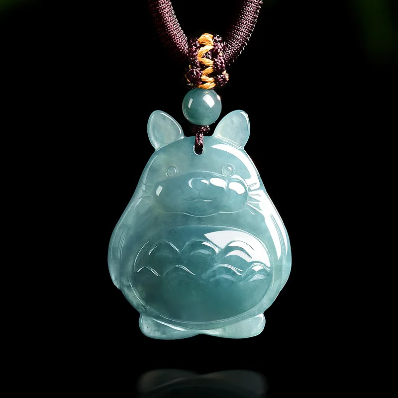 Genuine Natural Emerald Blue Water 3D Totoro Cartoon Ice Cute Jade Pendant for Men and Women