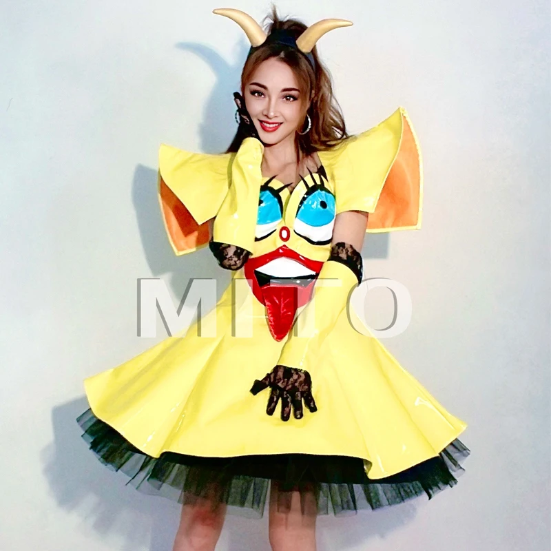 Halloween drôle Performance robe femmes jaune pôle danse robe de soirée Bar discothèque DJ scène Jazz danse Festival tenue XS10492