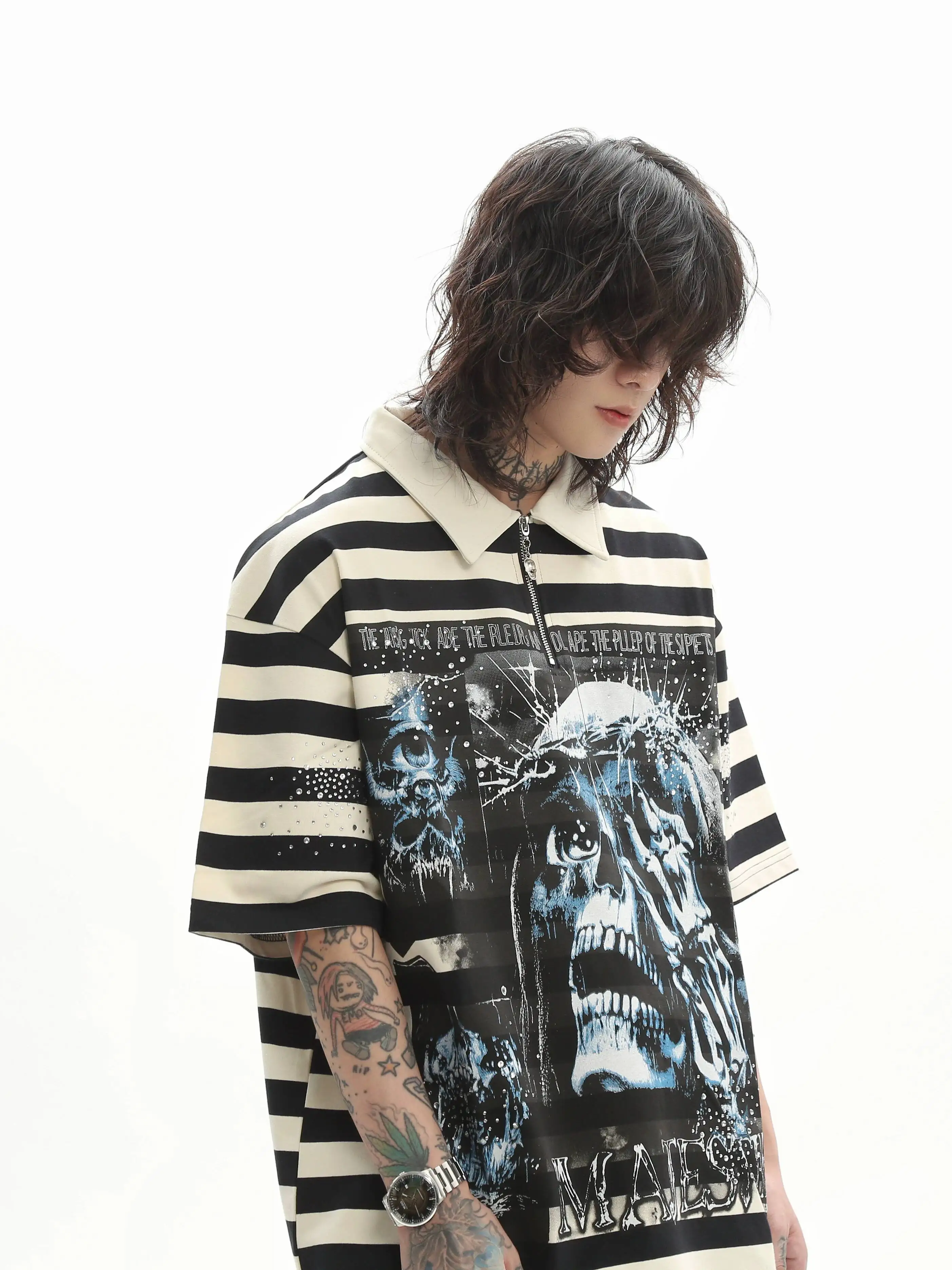 New Men T-shirt Heavyweight Dirty Washed Dark Short Sleeve Shirts High Street Skull Print American