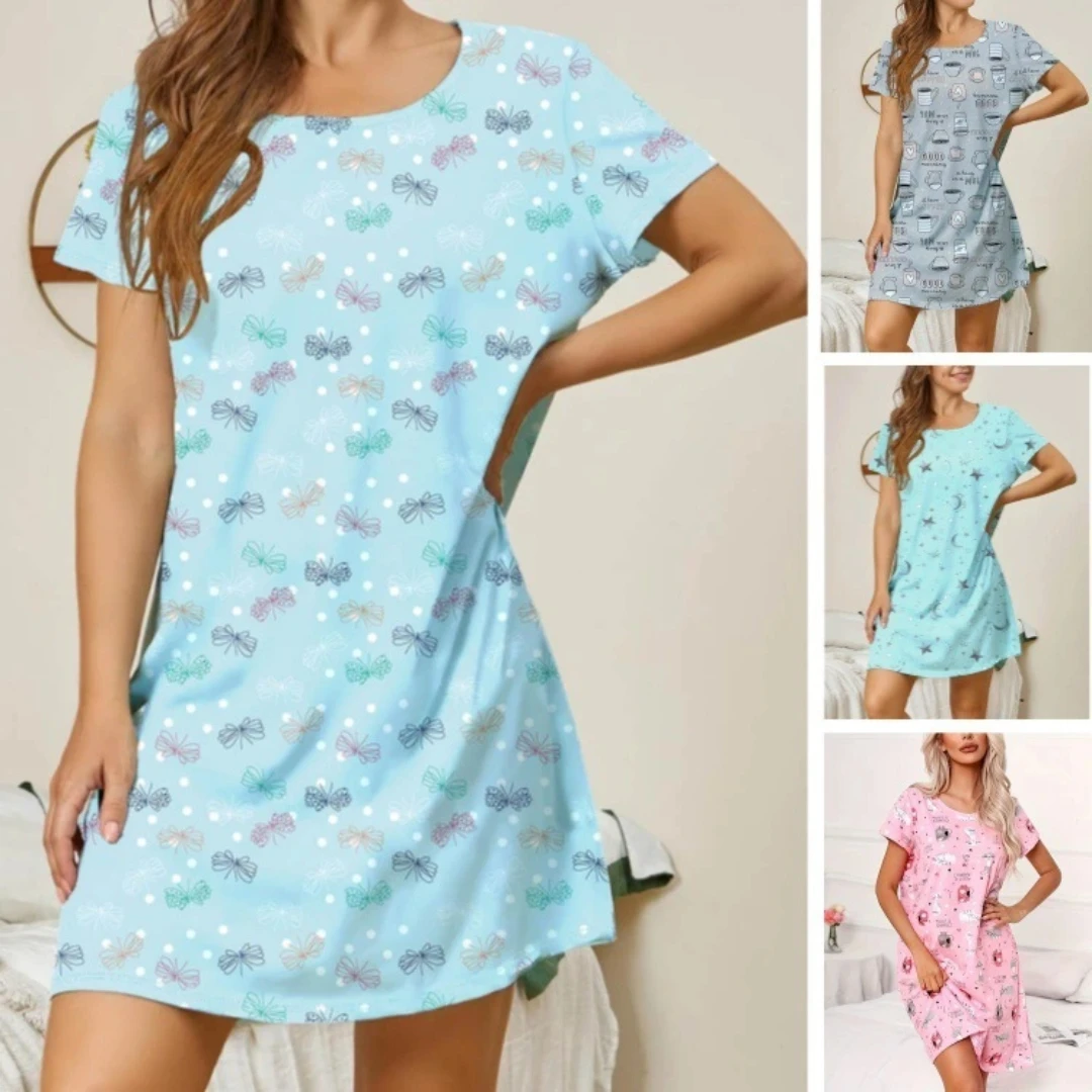 

2025 Fashion Women Home Nightgown Women's Round Neck Casual Printed Mini Dress Loungewear Holiday Home Clothes Mini Dress Female