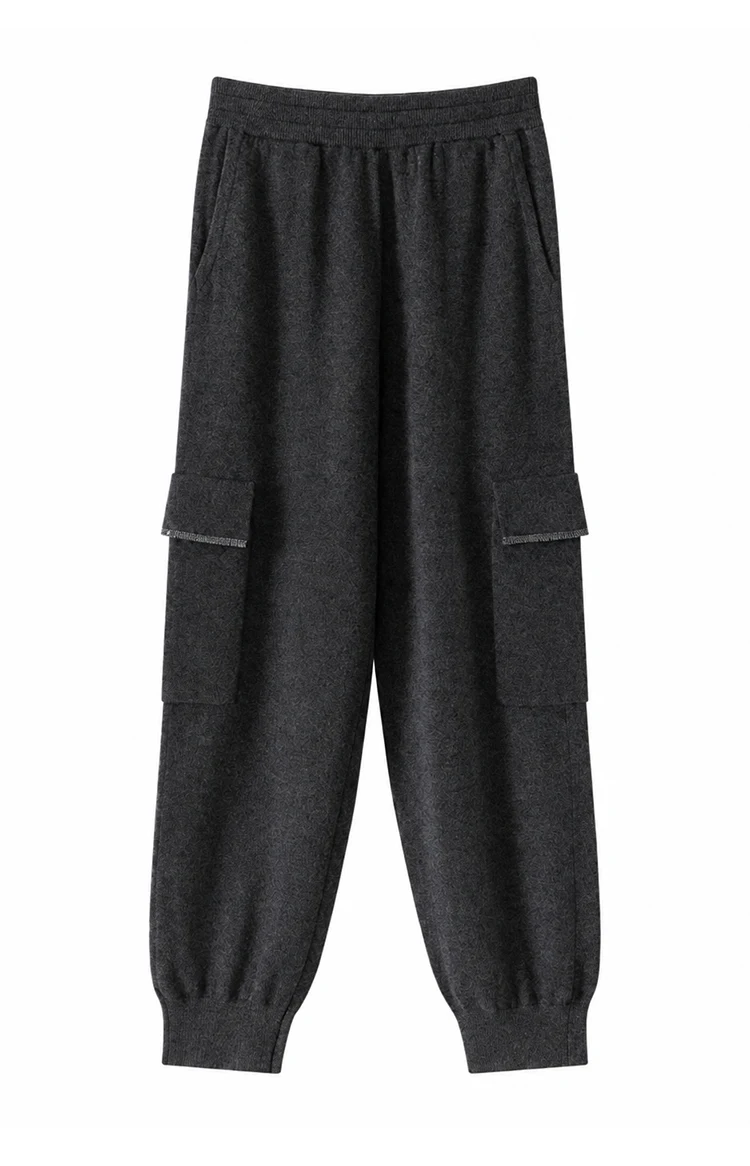 BD3621770 Damen-Cargohose aus 100% Kaschmir mit Kettenbesatz, Cargotasche, elastischem Bund, gerippten Bündchen, entspannter Schnitt, Frühherbst – Detail 9