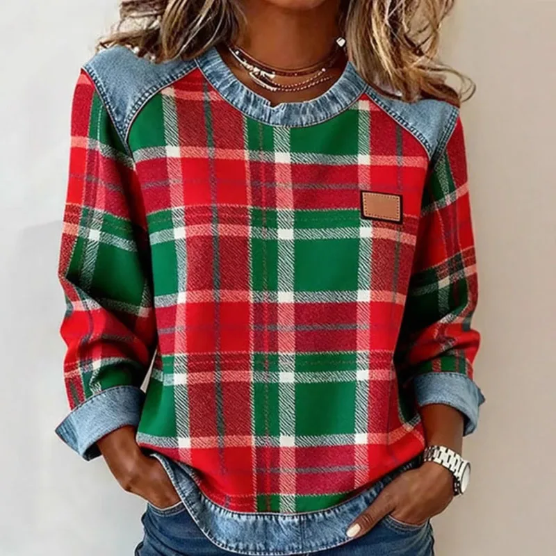 Y2K Kleding Sexy Ronde Hals Patchwork Vrouw Sweatshirts Casual Plaid Print Losse Tops Trui Lente Herfst Lange Mouw Hoodies