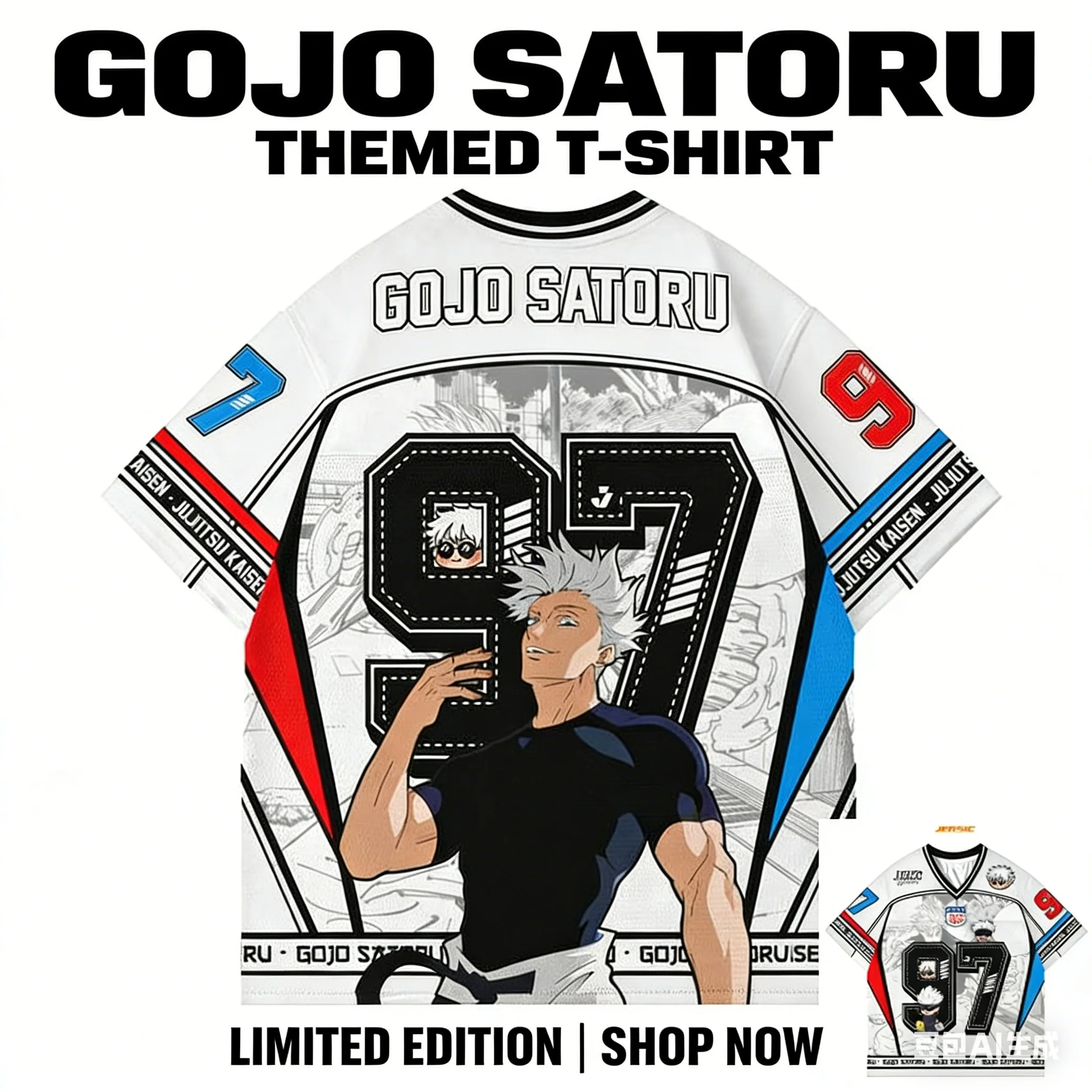 Gojo Satoru Jujutsu Kaisen Anime-Stil Kpop Baseball Hockey T-Shirt 97 Trikot Mode Streetwear Anime Alltags-Unisex-Oberteile Tees