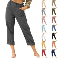2026 Boho Linen Blend Cropped Pants for Women High Elastic Waist Button Fly Rolled Hem Trousers with Side Pockets