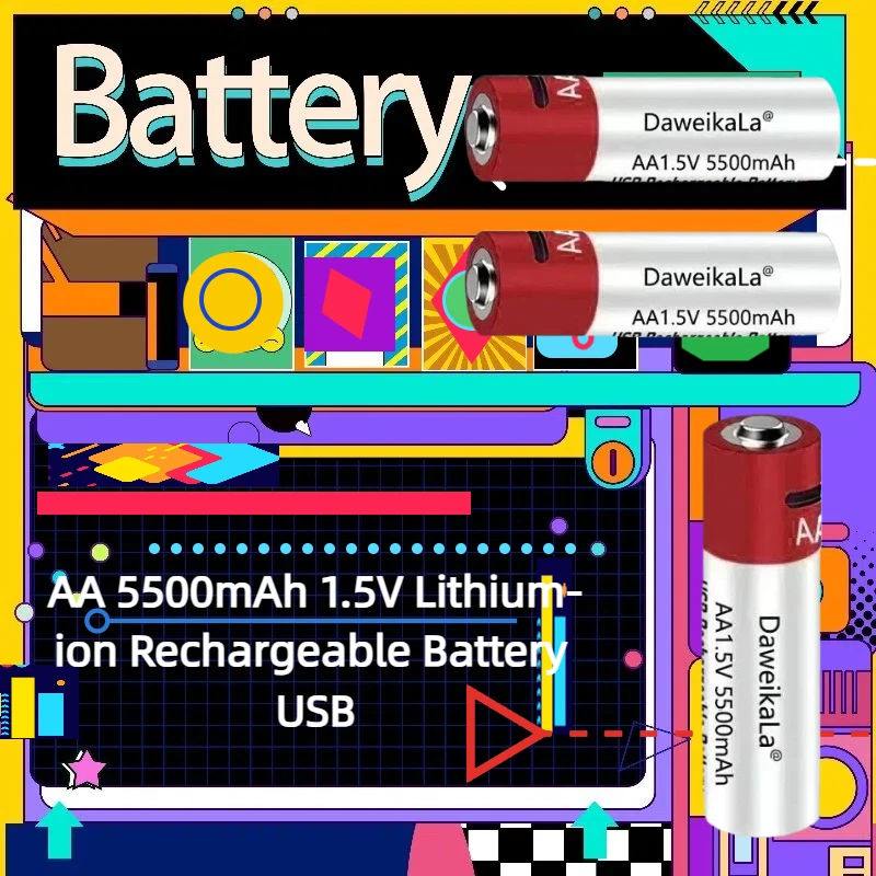 

AA 5500mAh 1.5V Lithium-ion Rechargeable Battery USB Charging for Remote Control/Wireless Mouse/Keyboard W/Cable Long Lasting