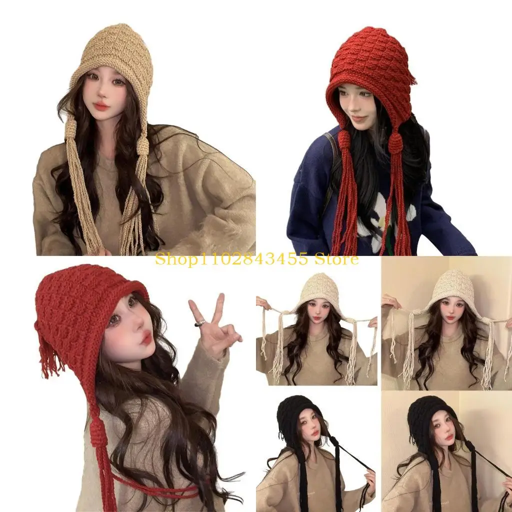 

49MC Knit Beanie Hat for Women Harajuku Style Fringed Braids Earflap Hat Handmade Crochet Hat Y2K Sweet Winter Warm Headwear