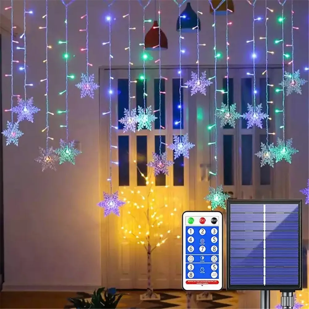 Solar Snowflake Window Curtain Christmas Lights Icicle Fairy String Lights Outdoor Garland Home Party Garden Decoration