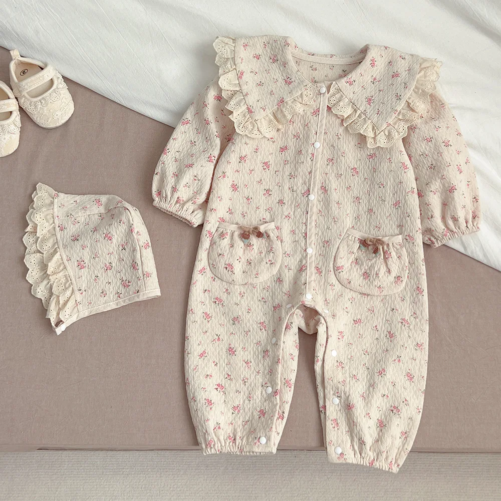 

Baby Clothing Floral Romper 2024 Spring New Fashionable Baby Onesie Korean Style Lace Lapel Floral Hooded Long Romper