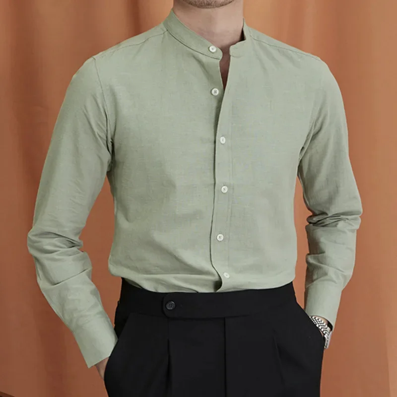 High Quality Cotton Linen Stand Collar Shirt Men Long Sleeve Blue Green White Breathable Business British Solid DressTop