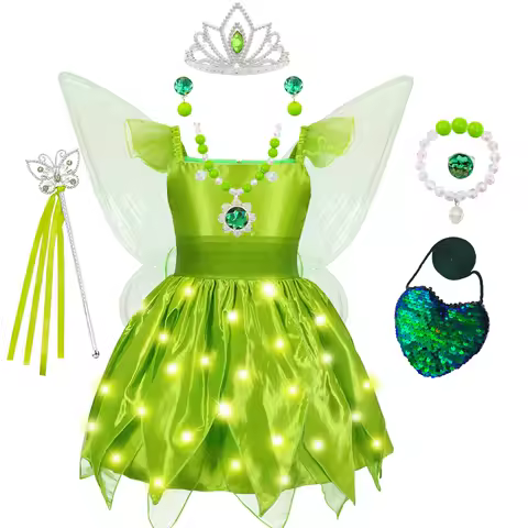 Tinker Bell Elf Dress Girl Green Forest Leaf Fairy Cosplay Dress Halloween Disguise With Wings Baby Girl Dress
