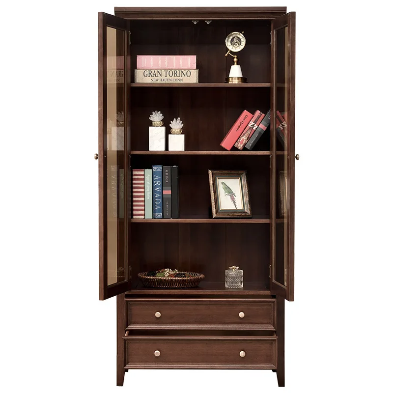 

American solid wood bookcase, living room against the wall, two-door wine cabinet, small apartment study with glass door