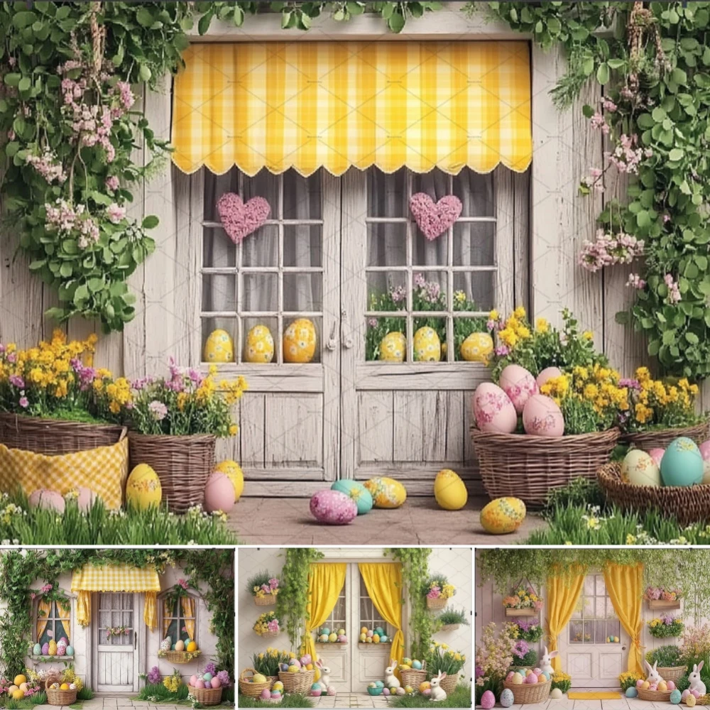 

Easter Photography Background Spring Yellow Curtains Rustic Wooden Door Flowers Egg Baby Show Spring Kids Birthday Backdrop