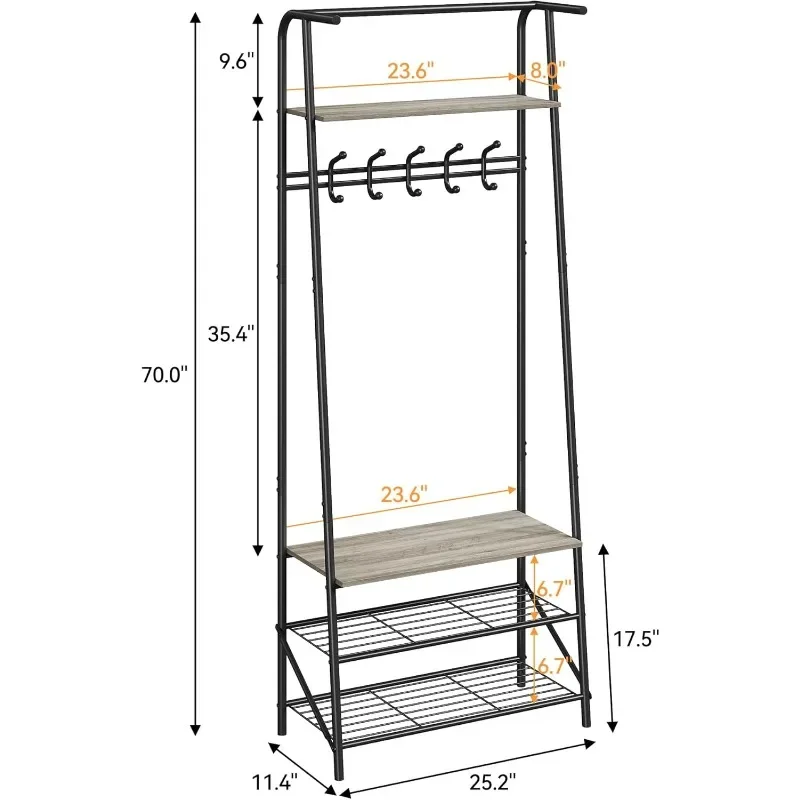 Coat Rack Shoe Bench with 5 Hooks, Hall Trees Entryway Bench with Storage, Multifunctional Hallway Organizer, Wood Look