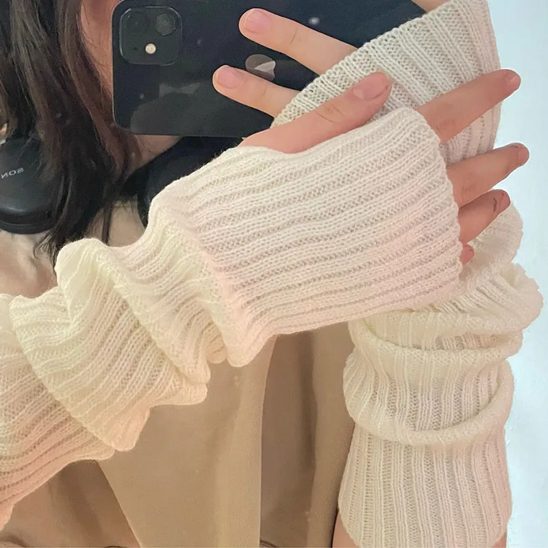 Winter Arm Sleeves For Women Thicken Warm Knitted Arm Warmers Solid Color Long Sleeve Half-finger Glove Gothic Fingerless Mitten