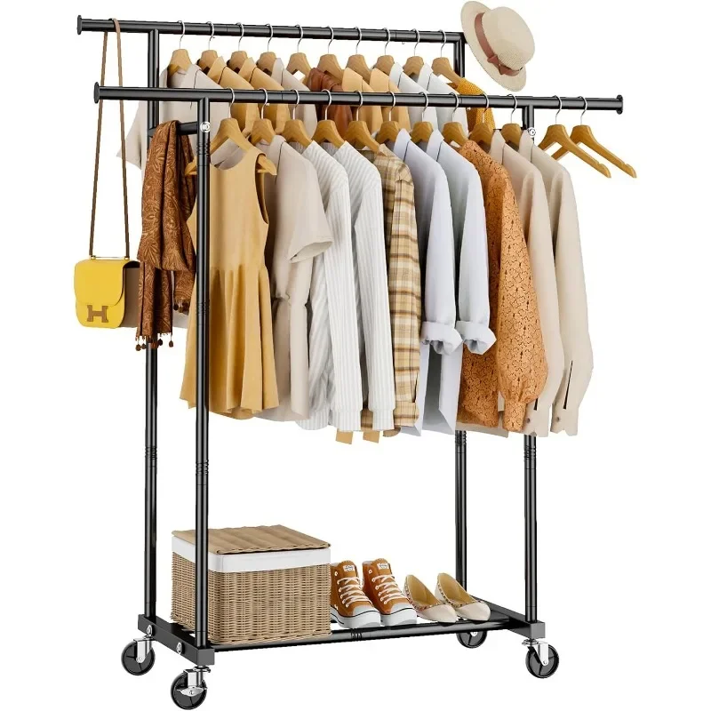 Double Rods Clothes Rack, Sturdy Rolling Clothing Rack, Portable Clothing Racks for Hanging Clothes - Metal Garment