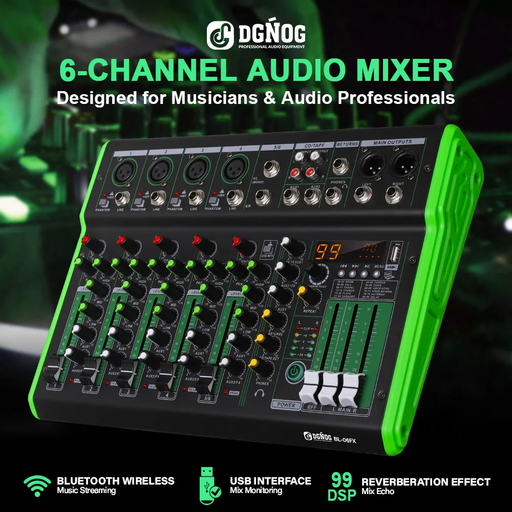 DGNOG BL-06FX 6-канальный аудиомикшер с эффектом 99DSP, 48 В, фантомное питание, Bluetooth, USB, DJ-консоль, караоке-микшер для сцены и студии