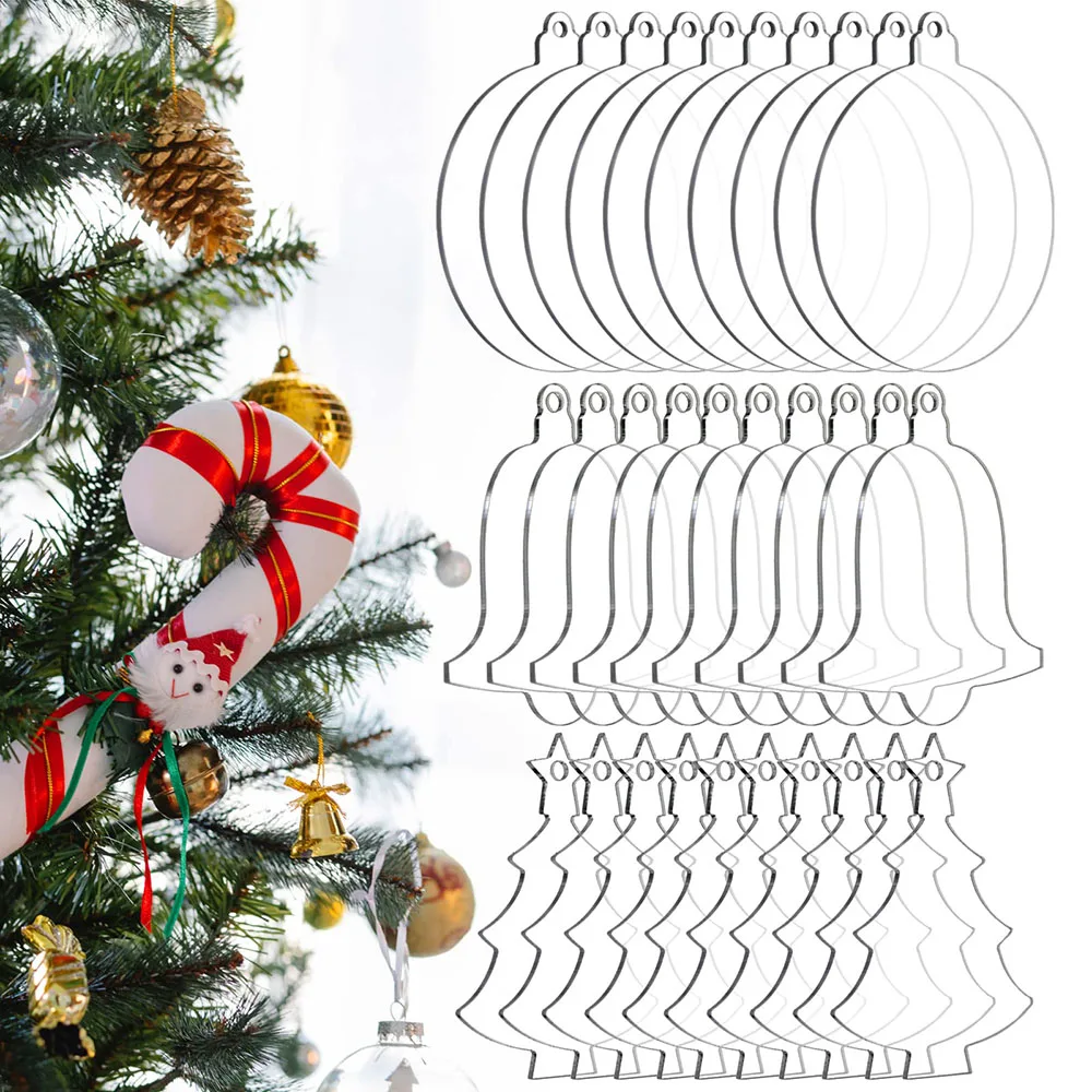 

30pcs Acrylic Christmas Ornament Blank Transparent Acrylic Disc Round Bell Tree Pattern with Hole for DIY Craft