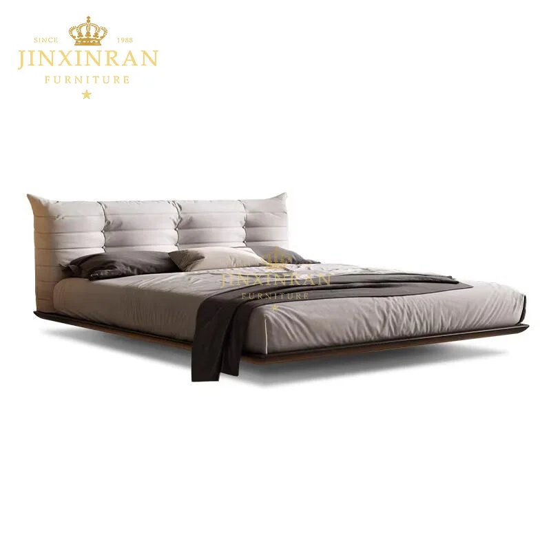 Modern Cream Fabric Upholstered Segmented Pillow Headboard Floating Ash Wood Platform Bed LED Light Luxury Bedroom Furniture