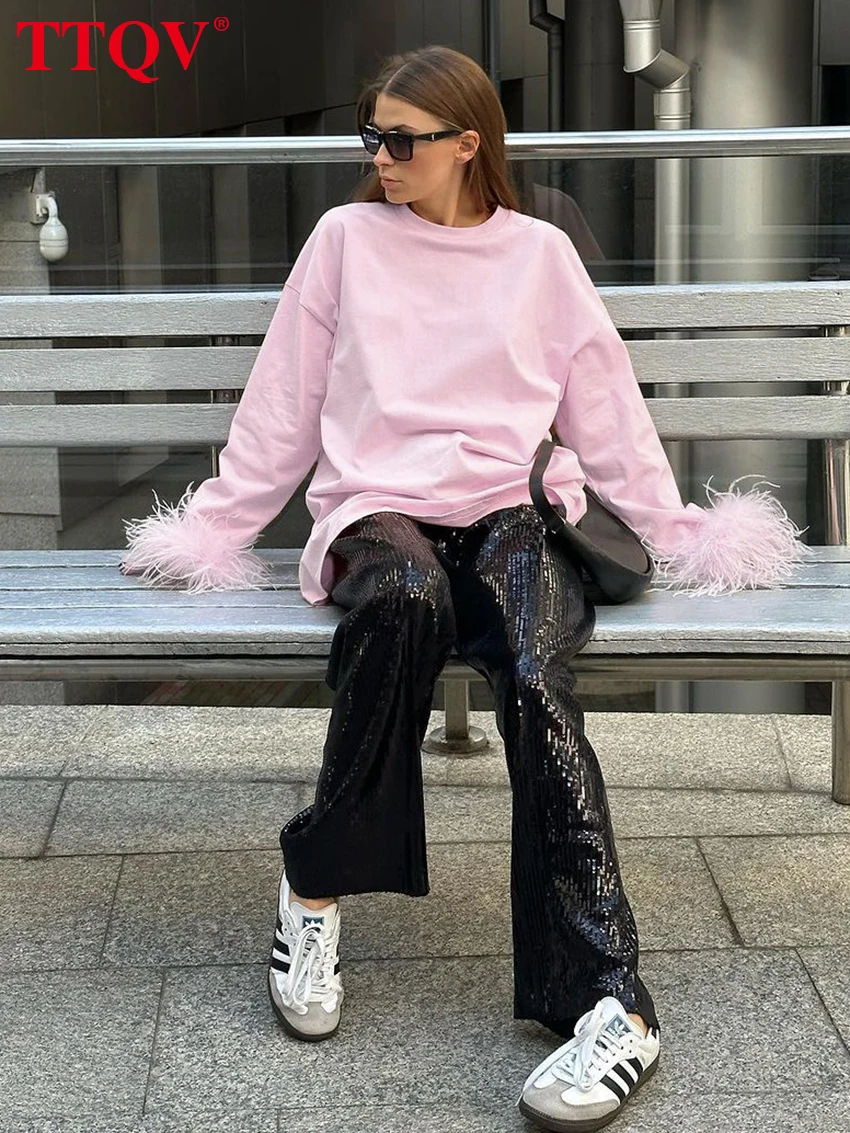 TTQV Casual Loose Pink Cotton Women's Top Fashion O-Neck Feather Long Sleeve T Shirt Elegant Classic Tee Top Female Clothing